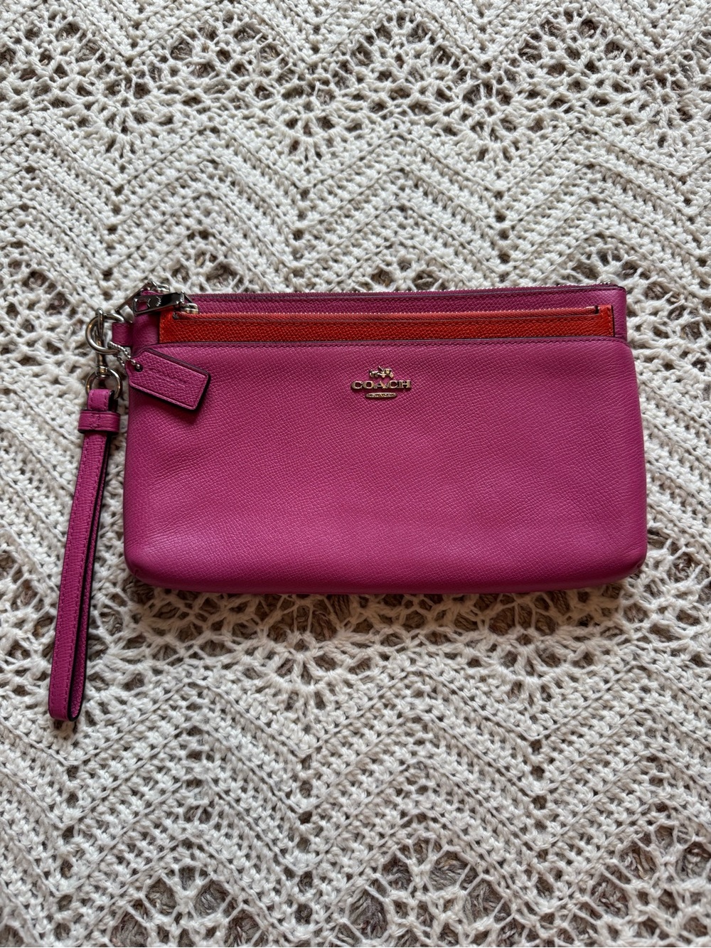 Coach Pop-Up Pouch Clutch Large Leather Wristlet Fuchsia Pink & Orange Coach Bag